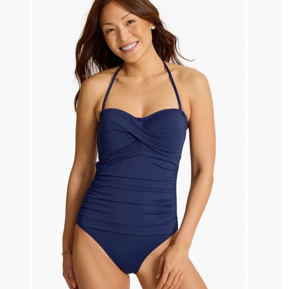 Tommy Bahama Pearl Shirred Halter One Piece Swimsuit Navy Blue Size 12